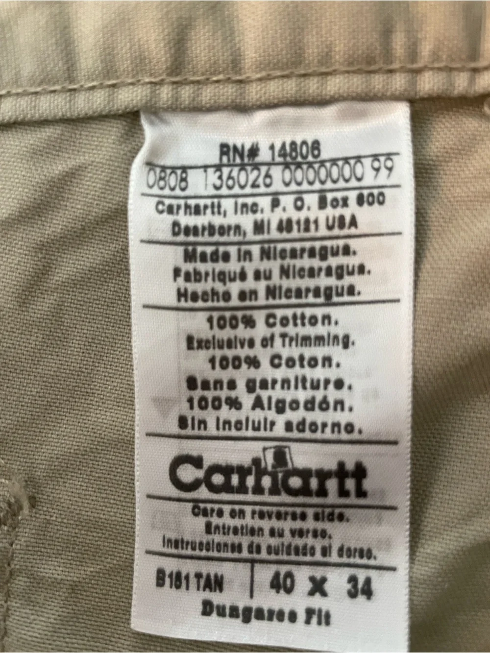 Carhartt Tan Cargo Dungaree Fit‎ Khaki Pants 40x28”